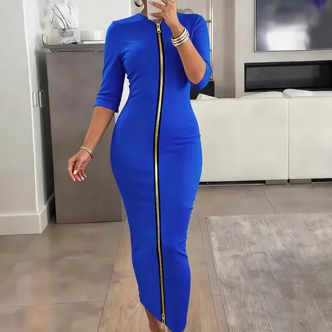Women Plus Size Sexy Bodycon Dress Full-length Zipper Short Sleeve Slim Fit Midi Pencil Dress Elegant Office Party Outfits
