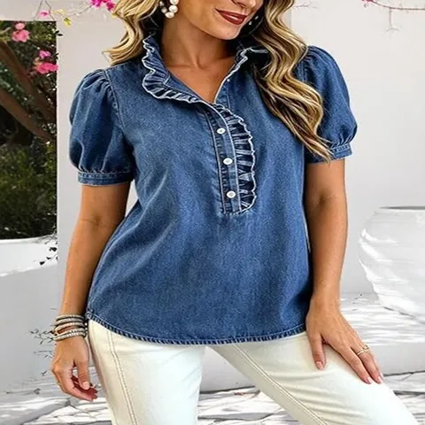 Women Y2K Retro Denim Shirt Ruffle Trim Puff Sleeve Lapel Collar Short Sleeve Button Up Summer Casual Denim Top Blouse