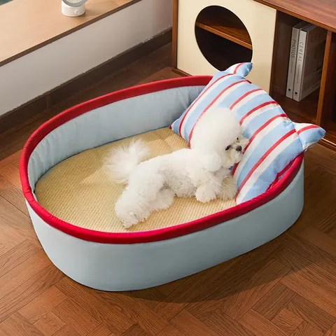 Panier de Refroidissement d'Été pour Chats Petits Chiens Tissu Oxford Natte en Rotin Nid Avec Oreiller Panier pour Animaux Respirant Lavable