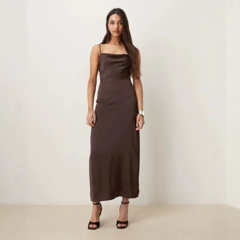 Women's Cowl Neck Satin Cami Maxi Dress Elegant Backless Slim Fit Glossy Silk Like Evening Party Long Dress