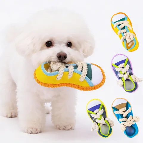 Pet Squeaky Chew Toy Durable Cotton Rope Knot Canvas Slipper Shape Dog Toy For Small Medium Dogs Teething Interactive Training