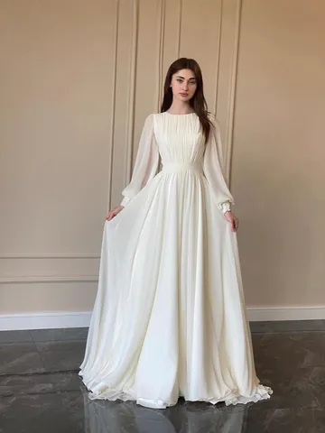 Women Elegant Lantern Sleeve Maxi Dress Round Neck Pleated Solid Color Polyester Floor Length Wedding Evening Gown