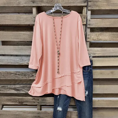 Dames Plus Size Casual Polyester T-Shirt Effen Kleur Driekwart Mouw Top Onregelmatige Gelaagde Zoom Ronde Hals Herfst Trui