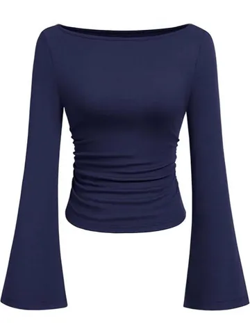 Dames Slanke Pasvorm Geribbelde Rayon Boothals T-Shirt Amerikaanse Hottie Uitlopende Mouw Geplooide Casual Top