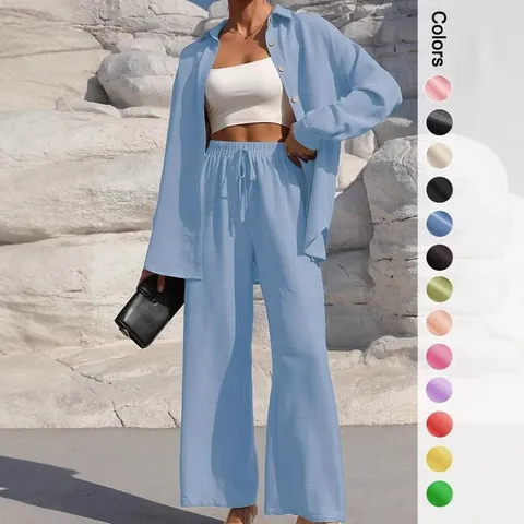 Women Elegant Solid Color Cardigan Shirt And Wide Leg Pants Top And Bottom Casual Long Sleeve Loungewear Loungewear Set For Ladies Fashion
