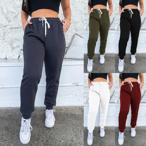 Women's Casual High Waist Drawstring Sweatpants Solid Color Cotton Blend Joggers Comfortable Sports Trousers For Daily Wear