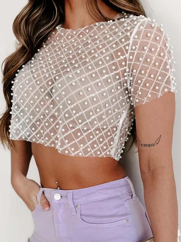 Women Sexy Mesh Beaded Short Sleeve Crop Top Pearl Grid Sheer T-Shirt Summer Western Streetwear Party Clubwear Top