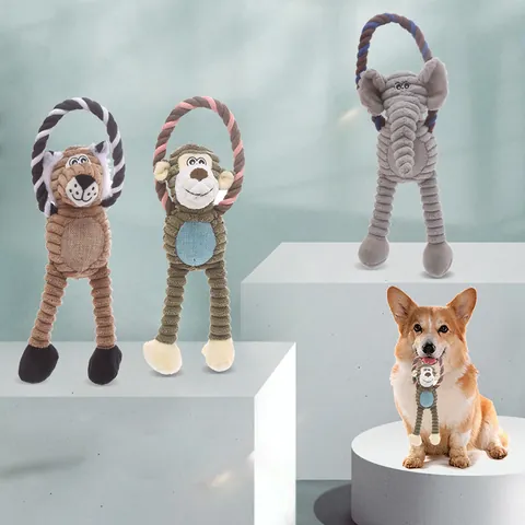 Giocattolo per Cani in Peluche di Velluto a Coste Con Manico in Corda di Cotone Per Cani Grandi Giocattolo da Masticare Interattivo Forma Elefante Scimmia Leone