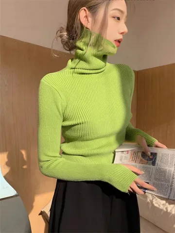 Women's Slim Fit Ribbed Knit Top Stack Neck Long Sleeve Solid Color Warm Base Layer Sweater
