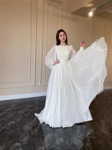 Women Elegant Lantern Sleeve Maxi Dress Round Neck Pleated Solid Color Polyester Floor Length Wedding Evening Gown