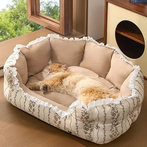 Pastoral Spitzenbesatz Haustierbett Für Katzen Und Hunde Weiches Plüsch Blumenmuster Punktmuster Haustier Sofa Atmungsaktives Sofa