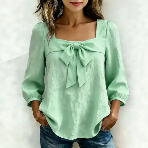 Women's Casual Square Neck Bow Knot Top Long Sleeve Polyester Splicing Solid Color Fashion T-Shirt For Women Jewelry