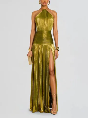 Metallisch Plissee Halter Maxi Kleid Für Damen Sexy Rückenfrei Hoher Schlitz Abendkleid Sommer Ärmellose Formelle Party Kleid