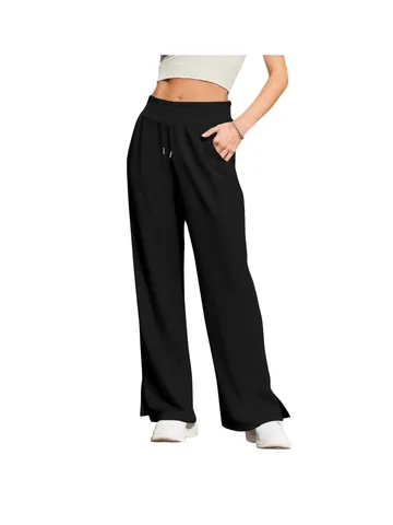 Women High Waist Wide Leg Pants Casual Solid Color Loose Flowy Long Trousers Drawstring Side Slit Lightweight Comfy Bottoms