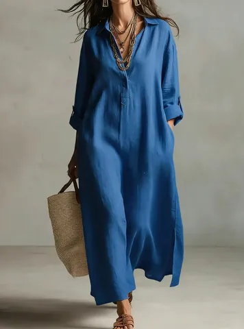 Women's Retro Casual Long Sleeve Shirt Dress Loose Maxi Polyester Solid Color Button Down Split Hem Dress for Spring Autumn