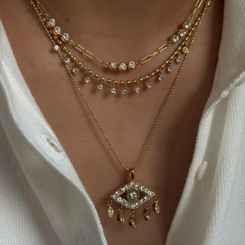 Stainless Steel Evil Eye Pendant Necklace For Women Gold Plated Layered Tassel Choker With Rhinestones Elegant Jewelry Gift