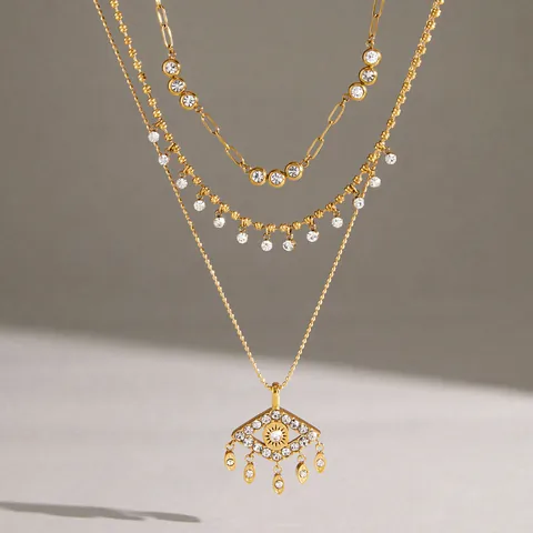 Stainless Steel Evil Eye Pendant Necklace For Women Gold Plated Layered Tassel Choker With Rhinestones Elegant Jewelry Gift