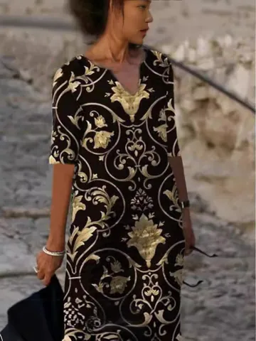 Damen V-Ausschnitt Halbarm Bedrucktes Kleid Vintage Abstrakt Locker Übergröße Bohemian Floral Lässiges Midi-Kleid