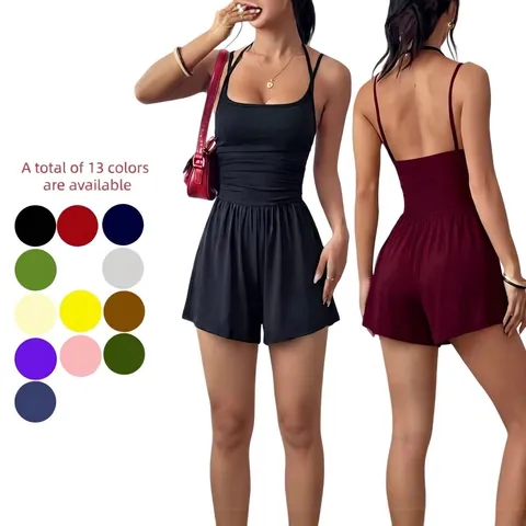 Mono Corto Casual de Tirantes Finos para Mujer Verano Cintura Fruncida Pata Ancha Sin Mangas Espalda Descubierta Color Sólido