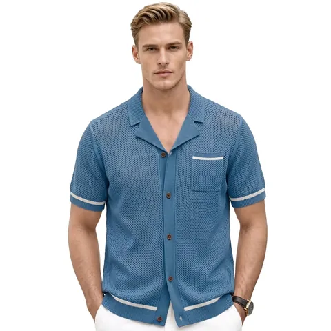 Men Casual Viscose Hollow Out Knitted Polo Shirt Cuban Collar Short Sleeve Top Button Down Cardigan Contrast Stripes Shirt