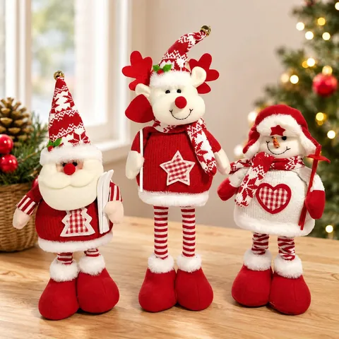 Kerst Pluche Poppen Ornamenten Telescopische Lange Benen Gebreide Stof Kerstman Sneeuwpop Rendier Staande Decoratie