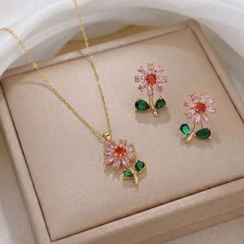 Titaniumstaal Bloem Hanger Ketting Oorbellen Sieradenset Kleurrijke Zirconia Bloemmotief Voor Vrouwen Feest Accessoires