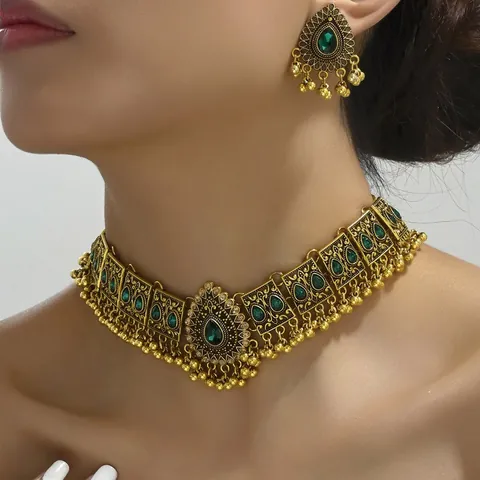 Bohemian Ethnic Necklace And Earrings Jewelry Alloy Rhinestone Waterdrop Tassel Vintage Indian Style For Women