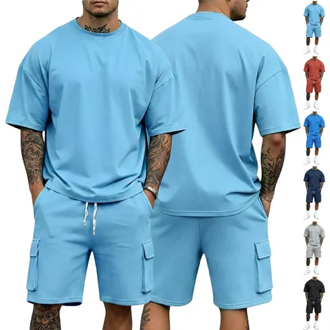 Men Casual Sports Outfit Oversized Short Sleeve T-Shirt And Cargo Shorts Polyester Spandex Summer Streetwear