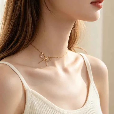 Minimalistische Vergulde Legering Strik Choker Voor Dames Franse Retro Strik Hanger Sleutelbeen Ketting Sieraden Cadeau