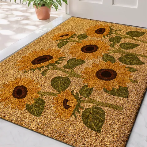 Faux Coir Door Mat Floral Sunflower Cactus Print Non Slip Dust Removal Entrance Rug For Home Indoor Outdoor Decor