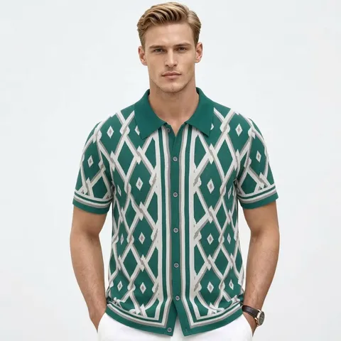 Men's Geometric Jacquard Knit Polo Shirt Short Sleeve Button Up Cardigan Viscose Summer Casual Western Style Top