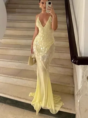 Women Sexy V Neck Sequin Fishtail Maxi Dress Backless Strappy Bodycon Evening Party Gown Formal Wedding Prom Dress