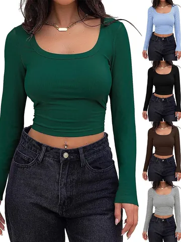Maglietta da Donna in Maglia a Coste con Scollo Quadrato Manica Lunga Crop Top Sexy Slim Fit Casual Tinta Unita