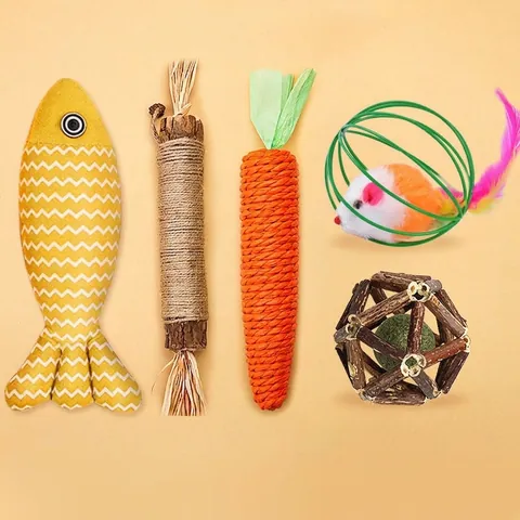 Juguetes Interactivos para Gatos de Cuerda de Sisal Tela Pez Pluma Varita Madera Matatabi Menta Gatuna Ratones para Gatitos