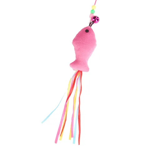 Interactive Cat Teaser Wand Toy High Elastic Steel Wire With Pink Plush Fish Colorful Ribbons And Bell For Indoor Cats