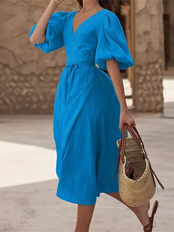 Women Elegant Puff Sleeve V-Neck Wrap Dress Solid Color Side Slit Tie-Waist Midi Dress For Summer Casual Vacation