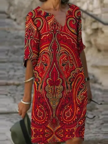 Damen V-Ausschnitt Halbarm Bedrucktes Kleid Vintage Abstrakt Locker Übergröße Bohemian Floral Lässiges Midi-Kleid