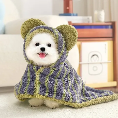 Pet Hooded Cloak Blanket Winter Warm Flannel Dog Cape Wearable Cat Bathrobe Stripe Bear Ears Pajamas For Small Dogs Cats