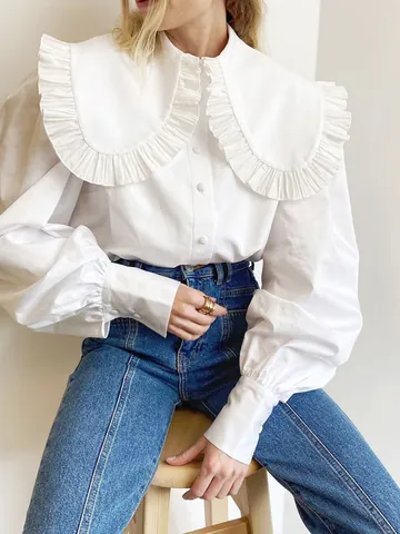 French Fashion Women White Peter Pan Collar Shirt Long Sleeve Ruffled Cotton Blouse Loose Puff Sleeve Single Breasted Top