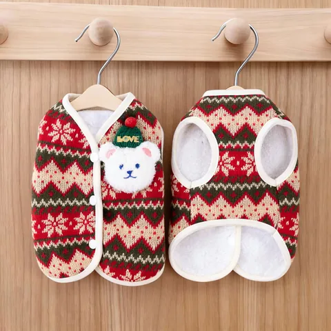 Christmas Pet Dog Clothes Winter Warm Sherpa Fleece Lined Dog Vest Knitted Puppy Cat Jacket With 3D Plush Bear Festive Apparel