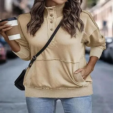 Women Stand Collar Button Sweatshirt Polyester Long Sleeve Casual Pullover Top With Pocket Ribbed Cuffs Fashion Streetwear