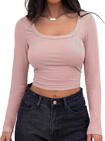 Maglietta da Donna in Maglia a Coste con Scollo Quadrato Manica Lunga Crop Top Sexy Slim Fit Casual Tinta Unita