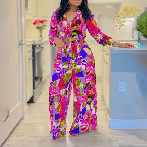 Women Tropical Botanical Floral Printed Two Piece Set Top And Bottom Tie Front Lapel Shirt And Wide Leg Pants Vacation Outfit