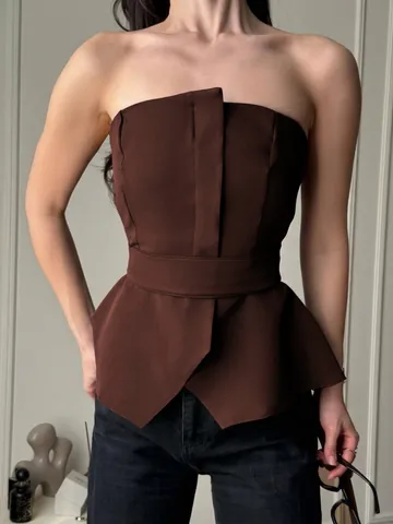 Women Sexy Strapless Tube Top Peplum Slit Hem Bow Tie Waist Elegant Sleeveless Solid Color Viscose Top Summer Hot Girl Clothing