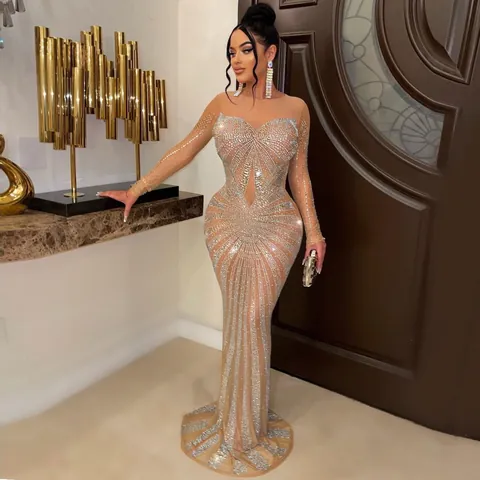 Sexy Rhinestone Mesh Mermaid Floor Length Evening Party Dress Long Sleeve Formal Bodycon Maxi Dress For Women Clubwear