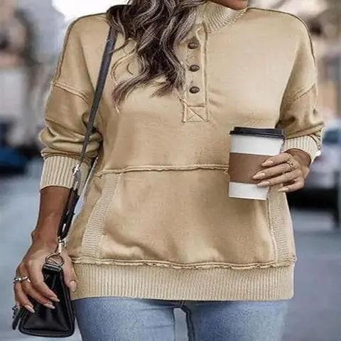 Women Stand Collar Button Sweatshirt Polyester Long Sleeve Casual Pullover Top With Pocket Ribbed Cuffs Fashion Streetwear