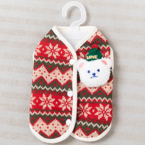 Christmas Pet Dog Clothes Winter Warm Sherpa Fleece Lined Dog Vest Knitted Puppy Cat Jacket With 3D Plush Bear Festive Apparel