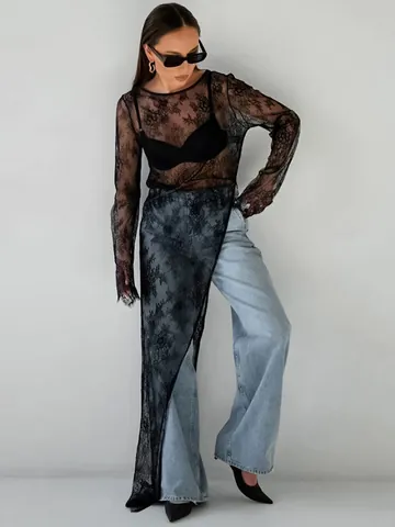 Robe Maxi pour Femmes Sexy Transparente en Dentelle avec Fente Haute Asymétrique Élégante Fleurie Manches Longues
