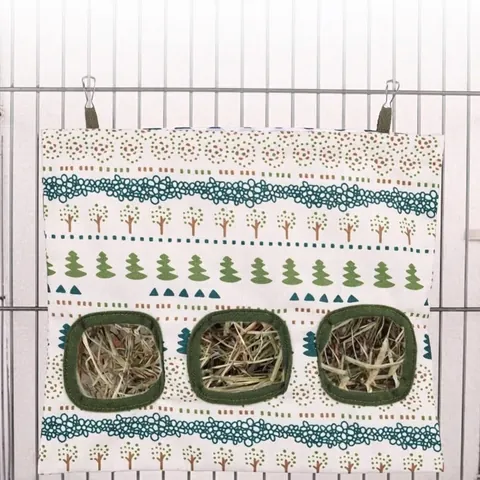 Hanging Pet Hay Feeder Bag For Rabbit Guinea Pig Chinchilla Large Capacity Printed Hay Storage Bag With Metal Hooks