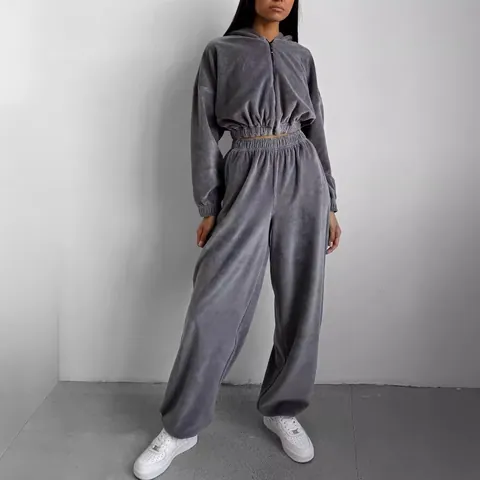 Women Casual Hooded Zip Up Sweatshirt And Wide Leg Pants Set Velvet Solid Color Long Sleeve Tracksuit Streetwear Lounge Set Outfit